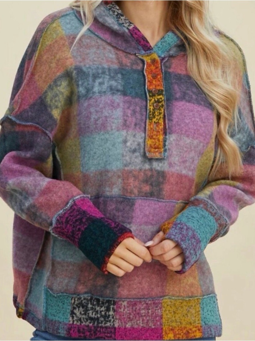 BiBi Multicolor Plaid Hooded Crewneck Sweater